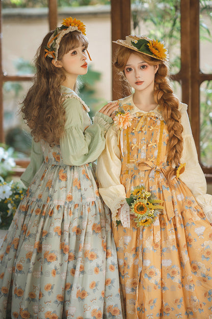 Emerald Sleeveless Sunflower Ruffle Bow Sweet Lolita Jumper Dress