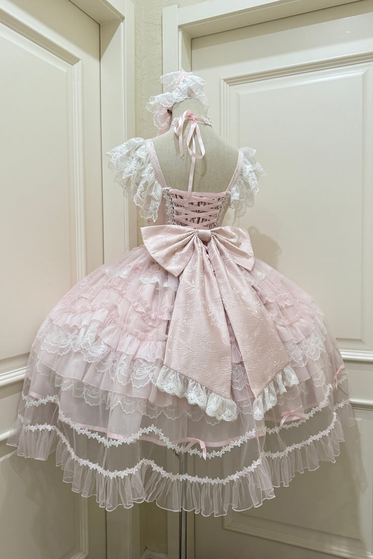 Blush Sleeveless Ruffled Lace-Up JSK with Bow