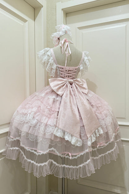 Blush Sleeveless Ruffled Lace-Up JSK with Bow