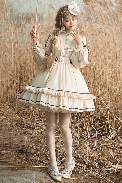 Tiered Sweet Lolita OP Gown with Removable Multi-Layer Ruffles & Lantern Sleeves, Cream