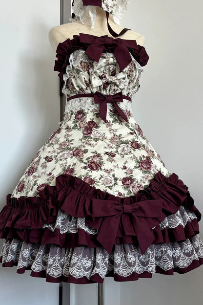 Off Shoulder Ruffled Bow Lace Gothic Lolita JSK Dress with Rose Print