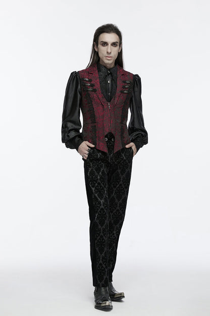 Crimson Gothic Waistcoat with Jacquard Weave and Zip Closure
