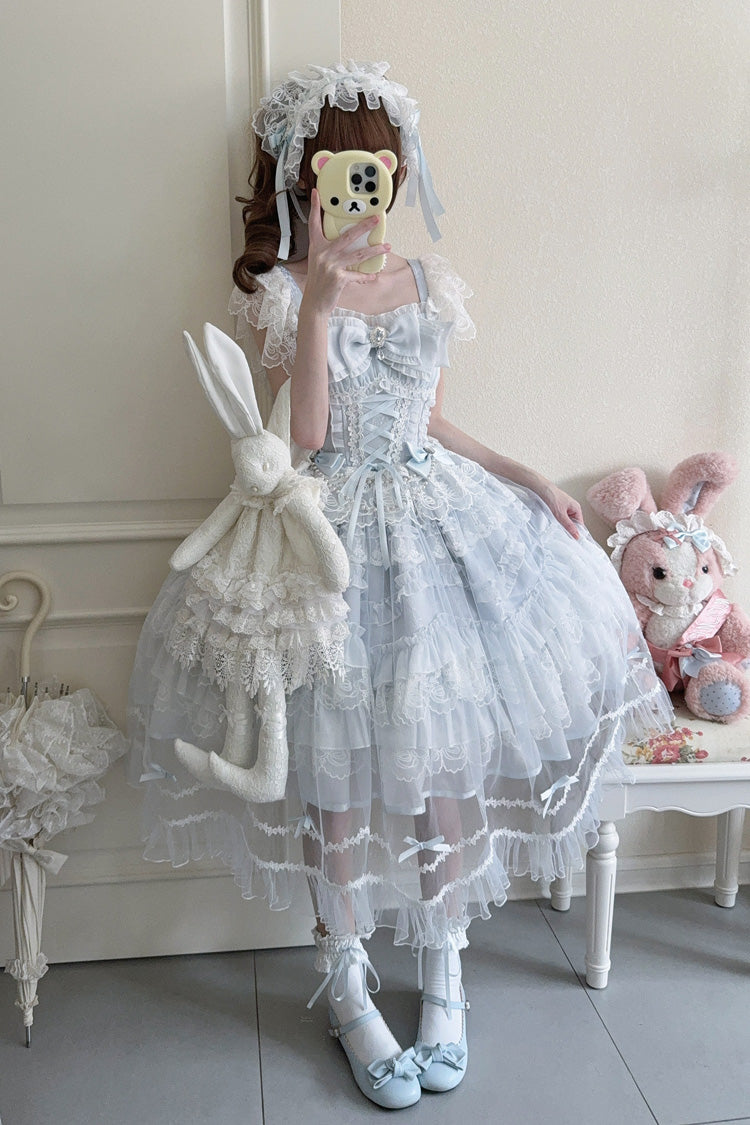 Azure Eternal Vow Sleeveless Ruffled Hanayome Bow Lace-Up Sweet Lolita Jumper Dress