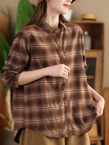 Women Autumn Vintage Plaid Button-up Cotton Blouse AI1031