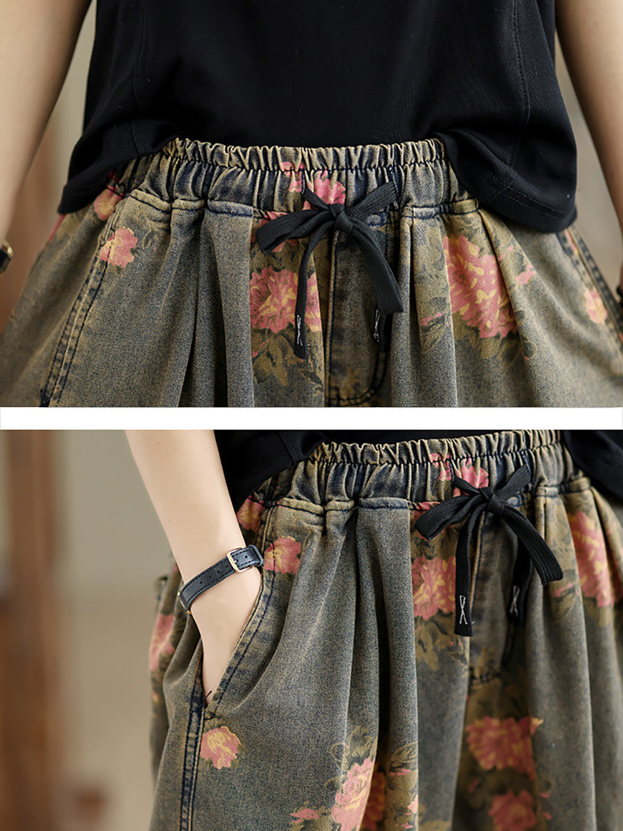 Frauen Sommer Vintage Blume Denim Haremshose LL034