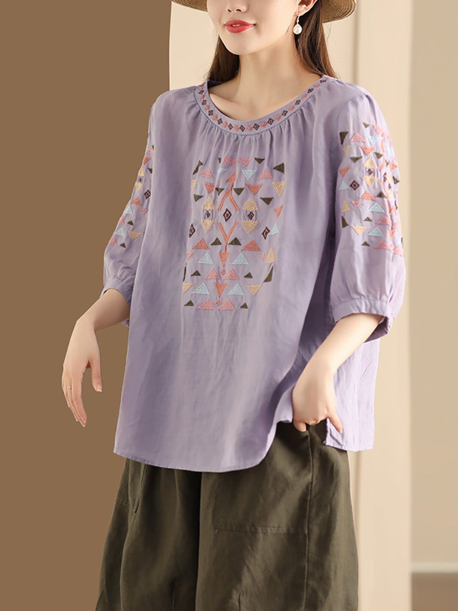 Women Summer Vintage Embroidery O-Neck Ramie Shirt OP1042