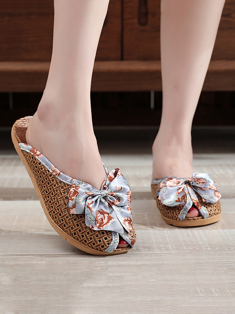 Bowknot Ethnic Weave Women Indoor Slippers Straw Flower