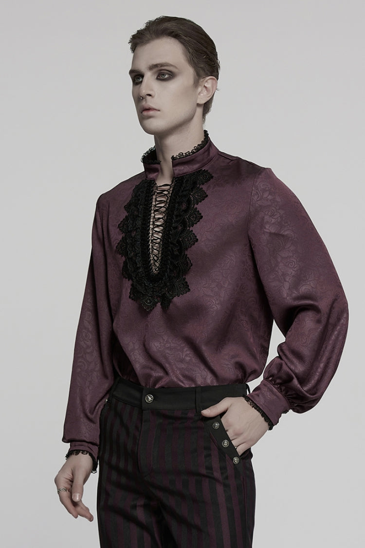 Crimson High-Neck Gothic Ruffled Rose Blouse with Lace-Up Plunge