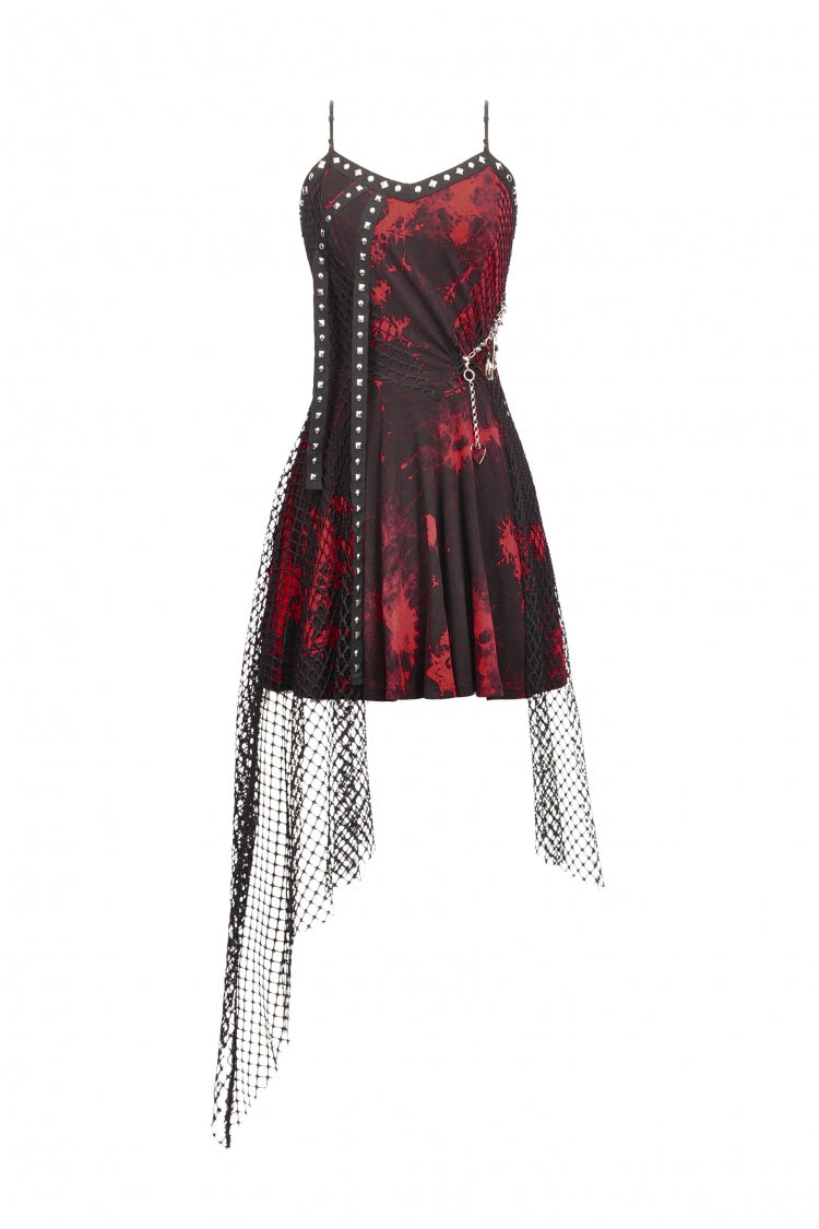 Crimson Punk Slip Dress with Asymmetric Tie-Dye and Mesh Hem