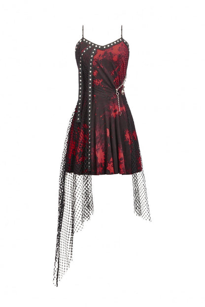 Crimson Punk Slip Dress with Asymmetric Tie-Dye and Mesh Hem