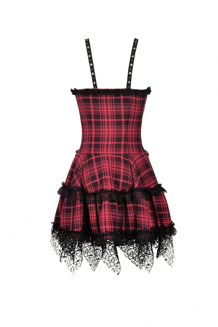 Crimson Punk Mini Dress with Plaid Layers and Lace Trim
