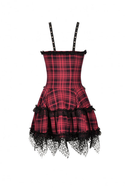 Crimson Punk Mini Dress with Plaid Layers and Lace Trim