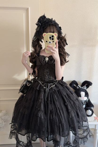 Gothic Lolita JSK Dress with Hanayome Ruffles and Lace-Up Back in Black