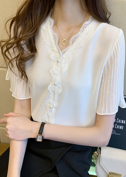 Patchwork Summer Chiffon Italian Nail Bead Shirt Top Lace Pink