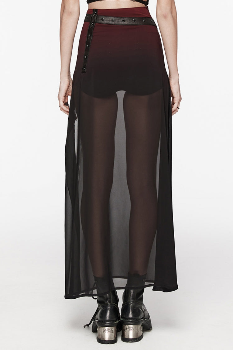 Crimson & Charcoal Studded Asymmetrical Goth Midi Skirt with Waist Chain