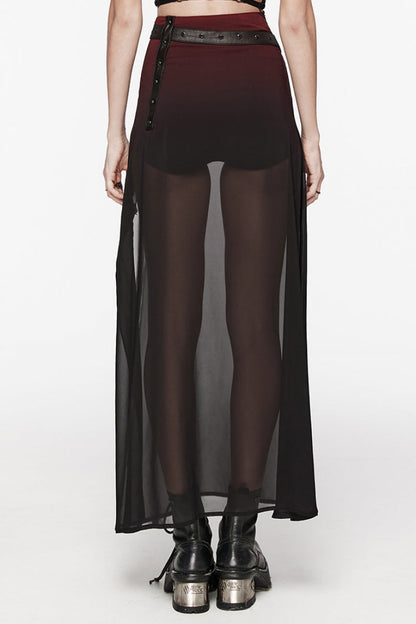 Crimson & Charcoal Studded Asymmetrical Goth Midi Skirt with Waist Chain