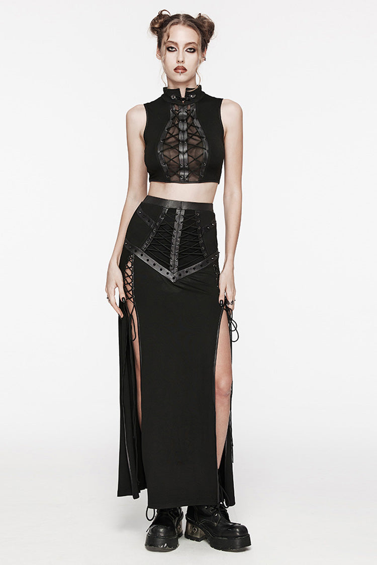 Women's Black Punk Tank Top, Lace-Up with Ripped Details and High Collar