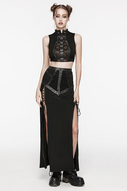 Women's Black Punk Tank Top, Lace-Up with Ripped Details and High Collar