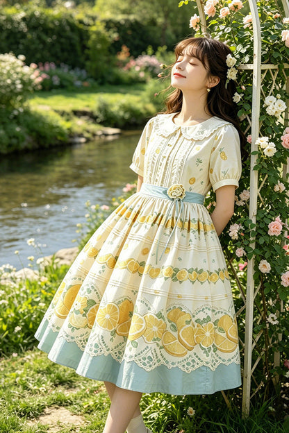 Doll Collar Short Sleeve Lemon Print Plus Size Lolita Dress