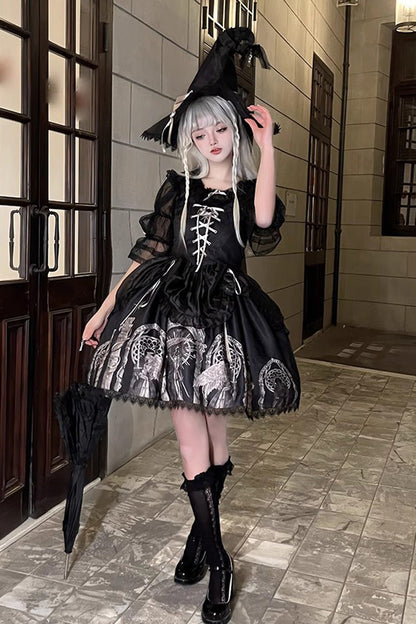 Gothic Punk Lolita JSK Dress with Ballet Lace-Up and Eternal Night Print