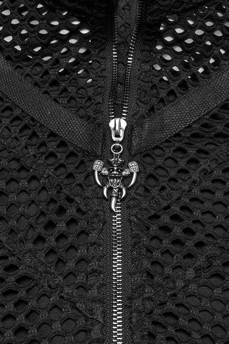 Men's Black Mesh Punk Vest, Stitched High Collar