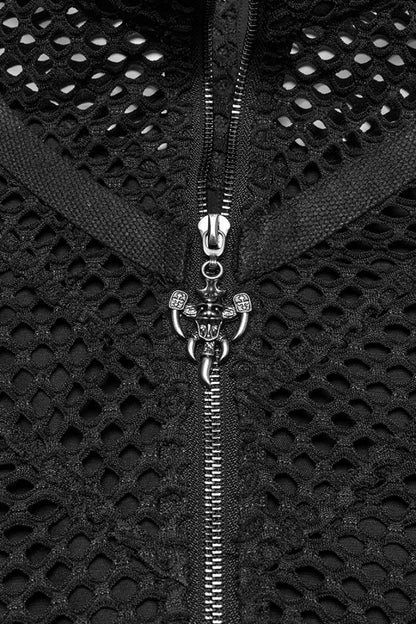 Men's Black Mesh Punk Vest, Stitched High Collar