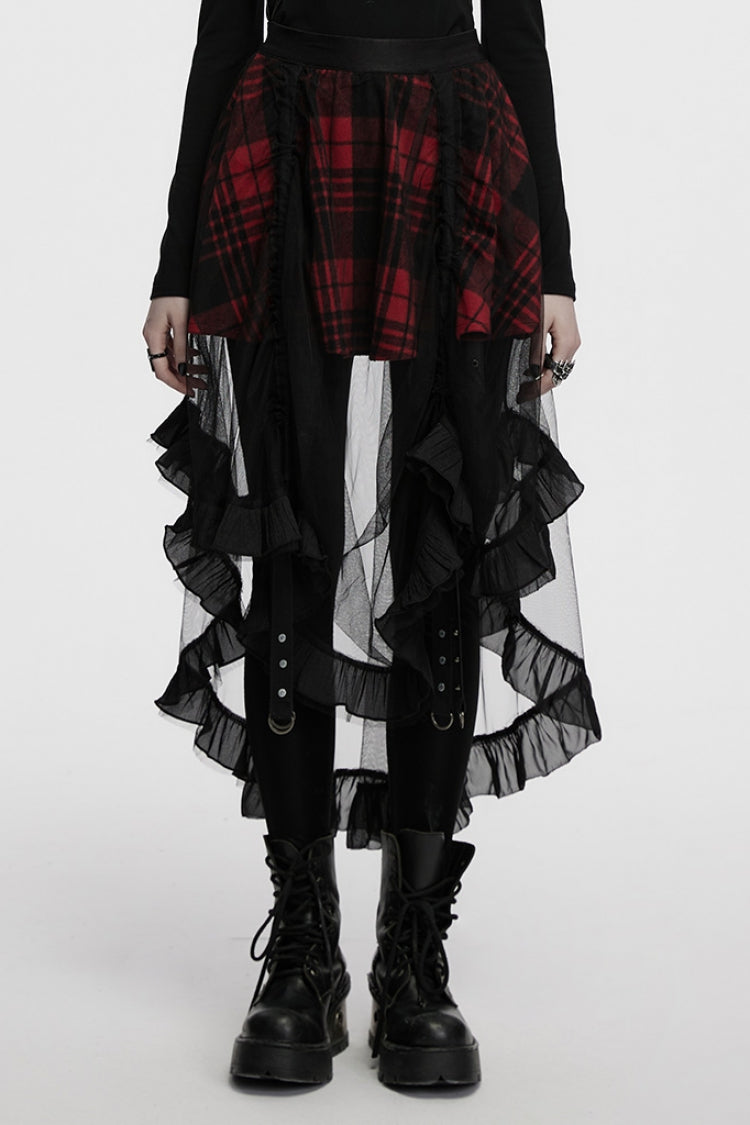 Crimson & Obsidian Ruffle Stitching Mesh Plaid High/Low Gothic Skirt