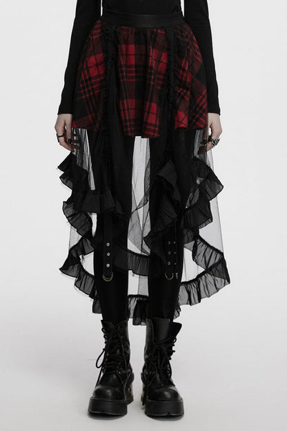 Crimson & Obsidian Ruffle Stitching Mesh Plaid High/Low Gothic Skirt
