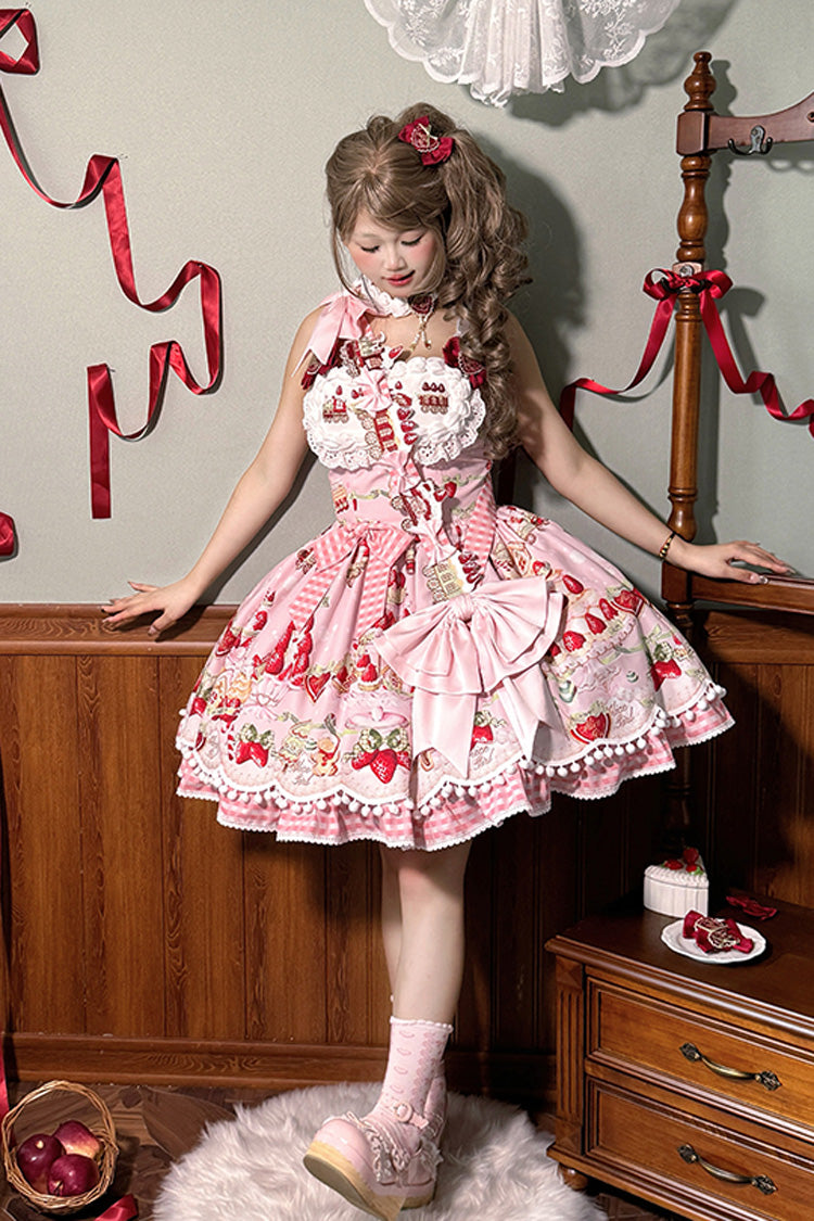 Natural Waisted Ruffle Bowknot Sweet Lolita JSK Dress with Strawberry Dessert Print - 4 Colors
