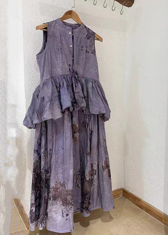 Robe longue plissée à volants et col rond en patchwork violet chic pour l'été TT1028 