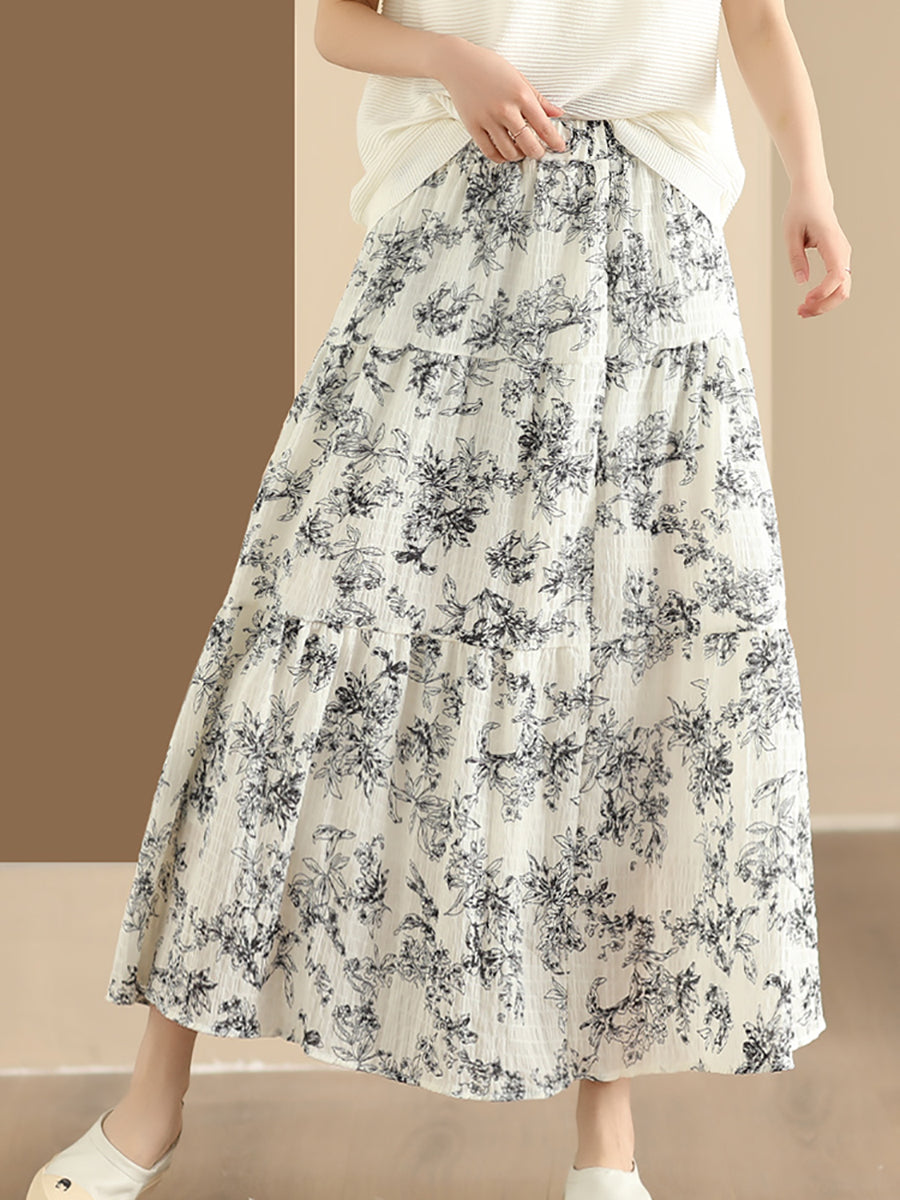 Women Summer Vintage Floral Cotton Loose Skirt BN1017