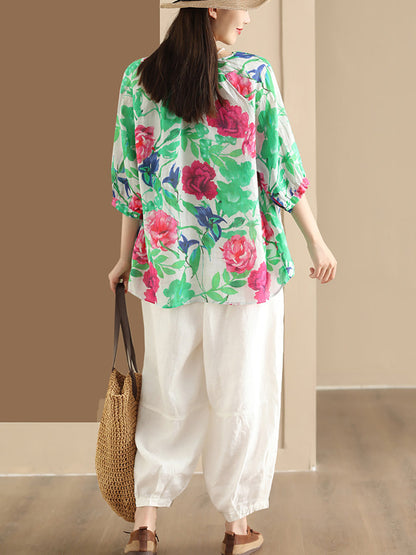 Women Summer Flower V-Neck Ramie Loose Shirt OO1035