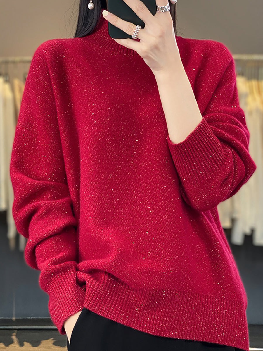 Women Autumn Knit 100%Wool Half-Turtleneck Sweater WU009