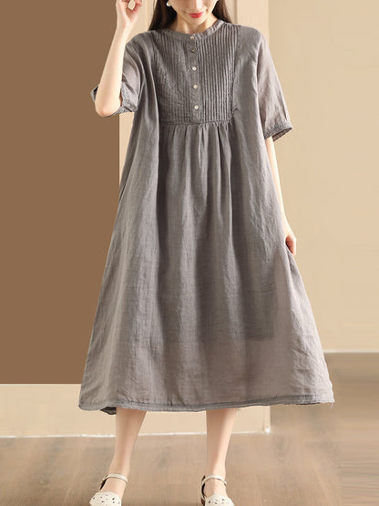 Women Summer Casual Solid Shirred Button Linen Dress HH019