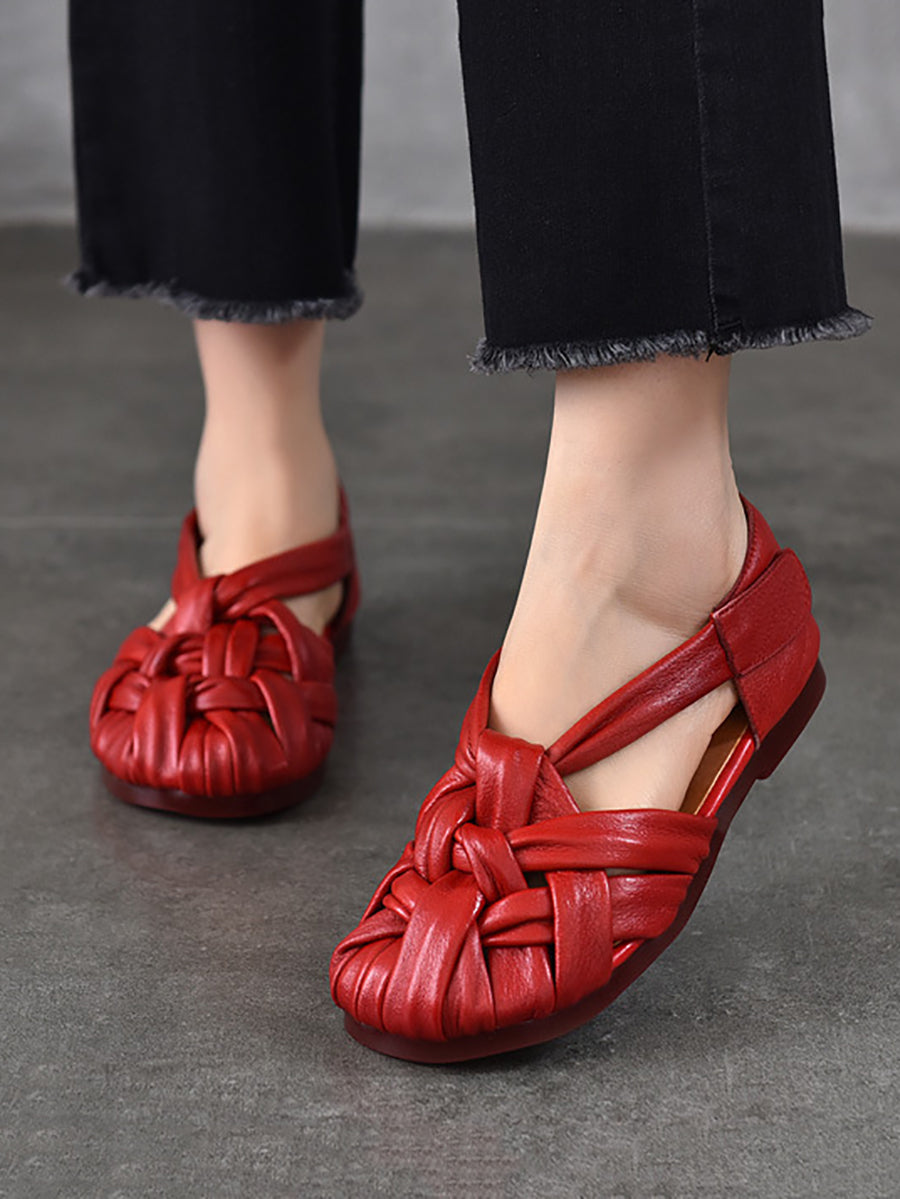 Summer Leather Flat Retro Women Weave Genuine Shoes