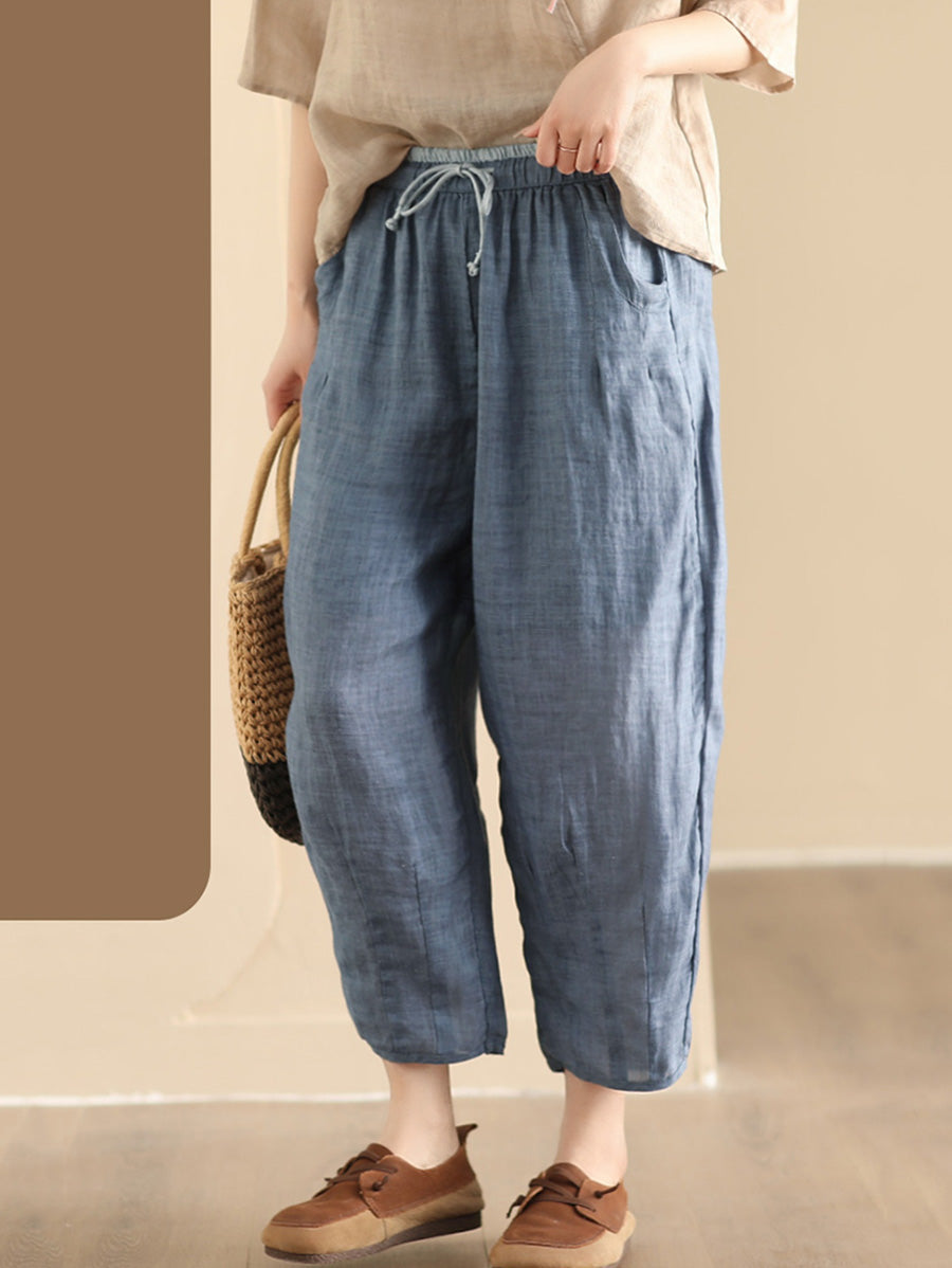 Women Summer Vintage Solid Ramie Harem Pants CX024