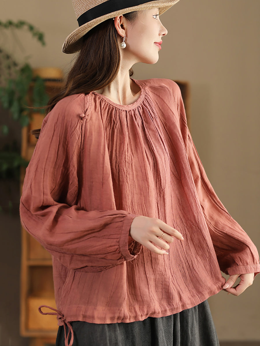 Women Summer Artsy Strap Hem O-Neck Ramie Blouse AS1026