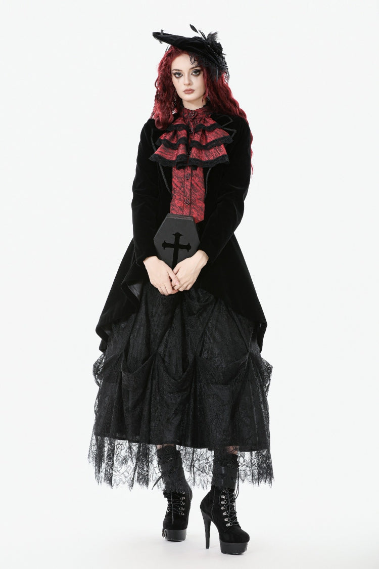 Crimson & Charcoal Peak Lapel Long Sleeve Layered Lace Mock Two-Piece Goth Tailcoat