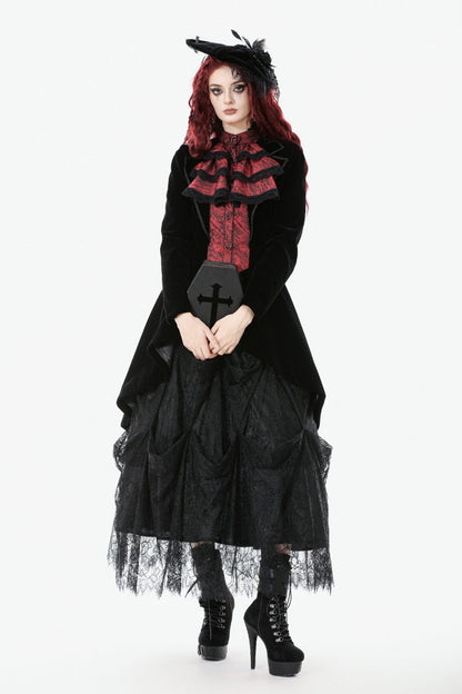Crimson & Charcoal Peak Lapel Long Sleeve Layered Lace Mock Two-Piece Goth Tailcoat