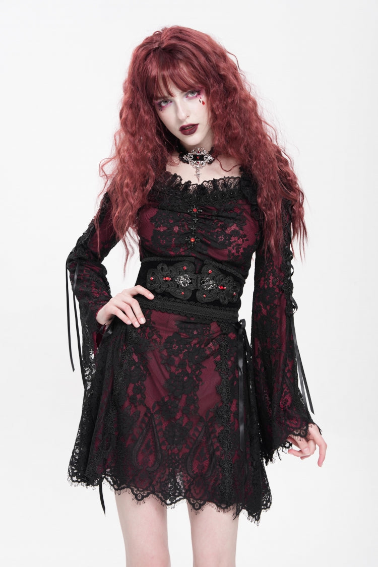 Crimson Square-Neck Gothic Dress with Floral Embroidery and Lace-Up