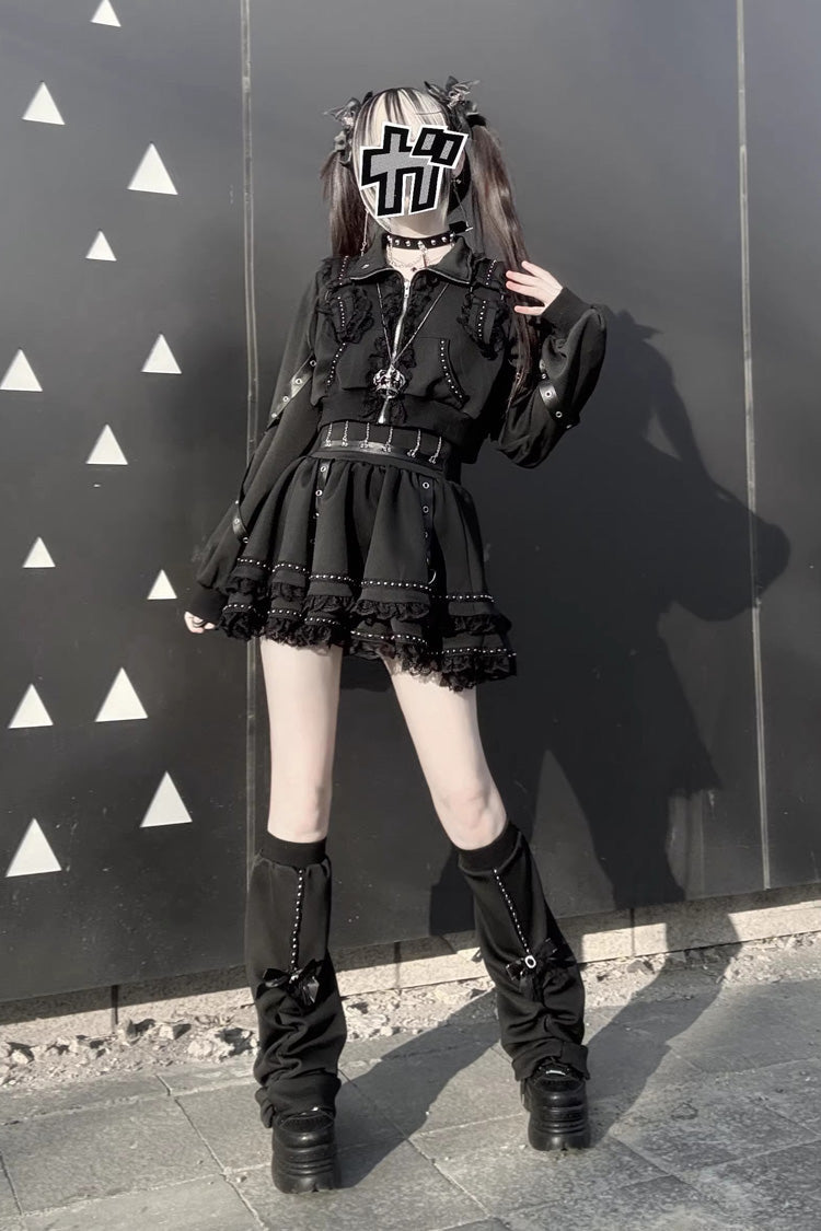 Japanese Handsome Skirt Set with Ruffled Lace and Zipper in Black