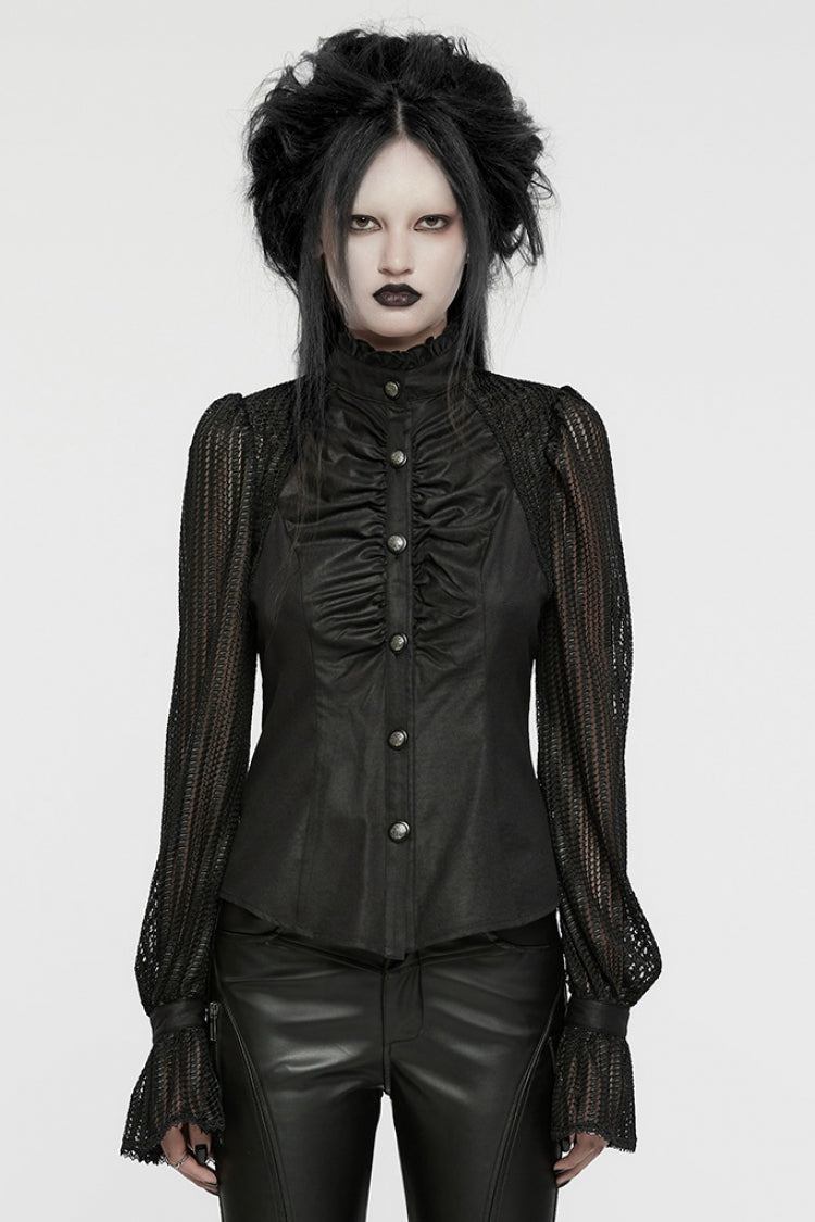 Black Mesh Punk Blouse, High Collar with Stitching for Women