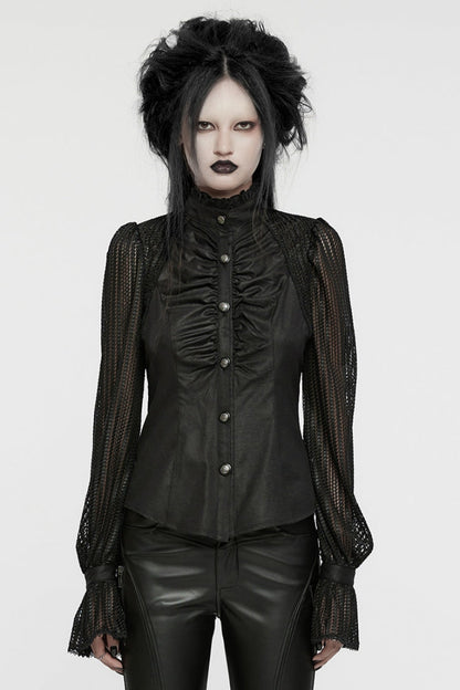 Black Mesh Punk Blouse, High Collar with Stitching for Women