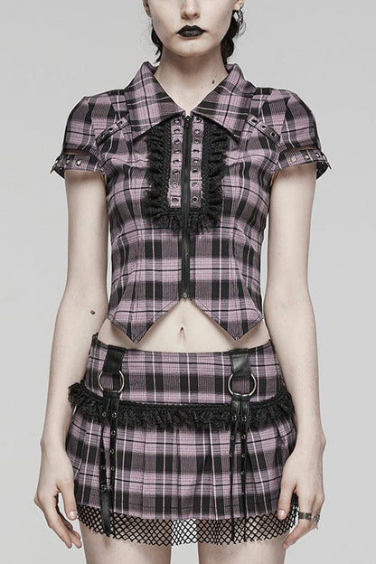 Steampunk Hollow-Lace Plaid Blouse with Short Sleeves in Two Shades - VictorianRose