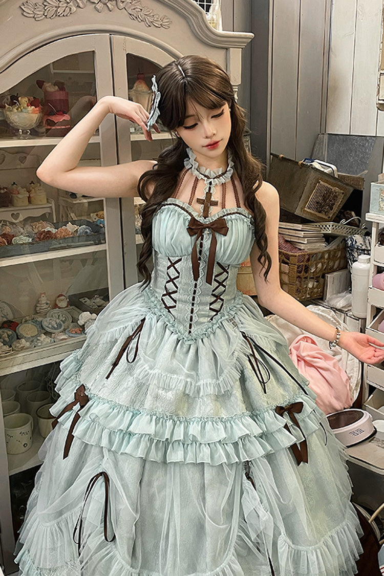 Mint Halterneck Cross Bow Lace-Up Ruffled Lolita Gown