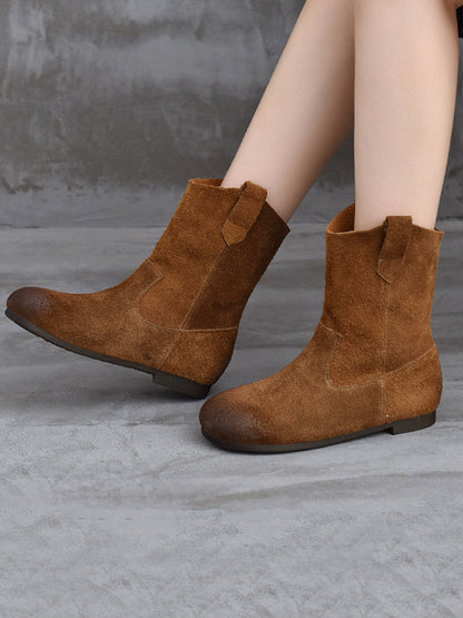 Spliced Low Boots Vintage Women Genuine Leather Heel