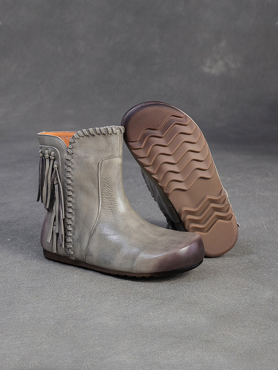 Autumn Leather Tassel Ankle Boots Women Vintage