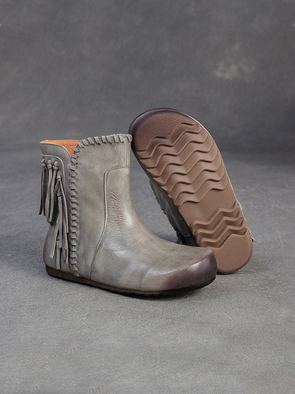 Autumn Leather Tassel Ankle Boots Women Vintage