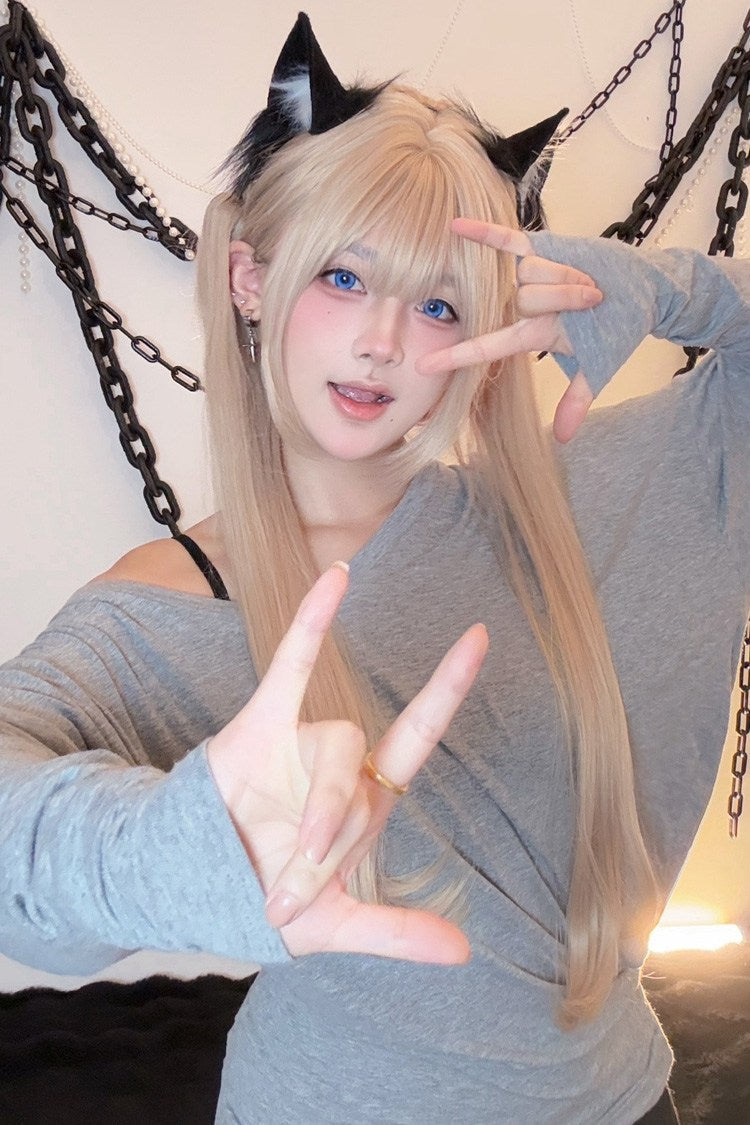Gold Milk Tea Straight Twin Pigtails Lolita Wig Set