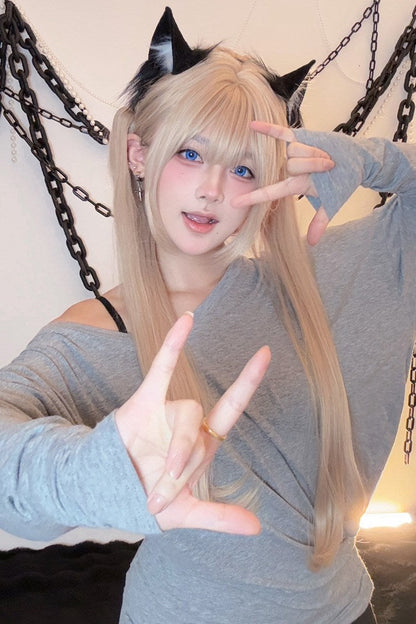 Gold Milk Tea Straight Twin Pigtails Lolita Wig Set